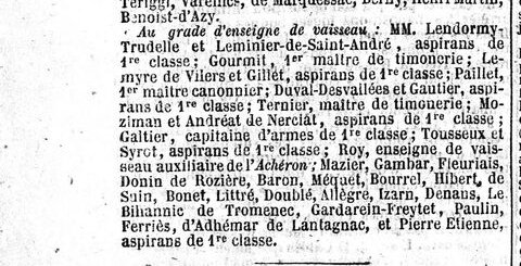 Extrait de journal : liste des promotions au grade d'enseigne de vaisseau du 3 février 1855, où figure Gourmit, premier maître de timonerie