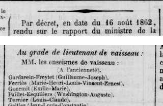 Extrait du Moniteur universel : décret du 16 août 1862, promotions au grade de lieutenant de vaisseau, dont Gourmit (Émile-Marie)