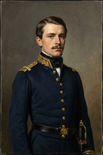 Portrait peint d'un officier de marine moustachu, en tunique bleu sombre à col brodé d'or et épaulettes, la main sur la garde d'un sabre