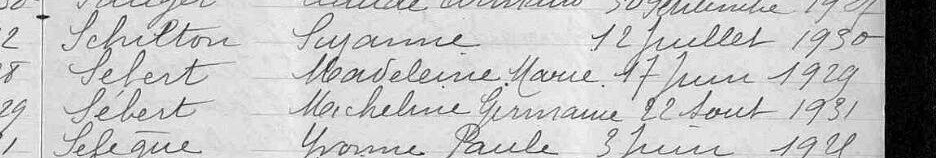 Deux lignes manuscrites d’une table décennale : deux prénoms, un nom et deux dates