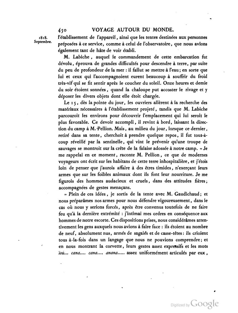 Page imprimée du récit du voyage : « M. Labiche, auquel le commandement de cette embarcation fut dévolu… »
