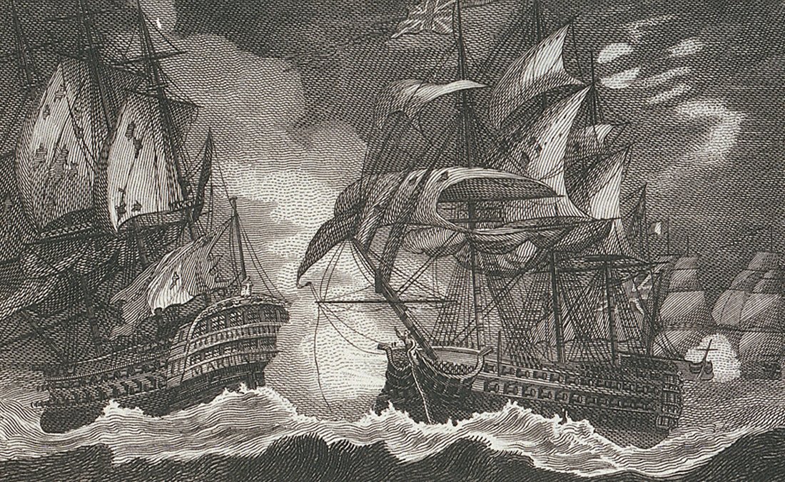 Gravure : deux grands vaisseaux de guerre se canonnent bord à bord, voiles déchirées, dans la fumée, par mer agitée