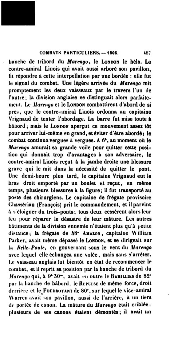 Page imprimée : le récit du combat du Marengo contre le London, l'amiral blessé à la jambe, le capitaine au bras emporté
