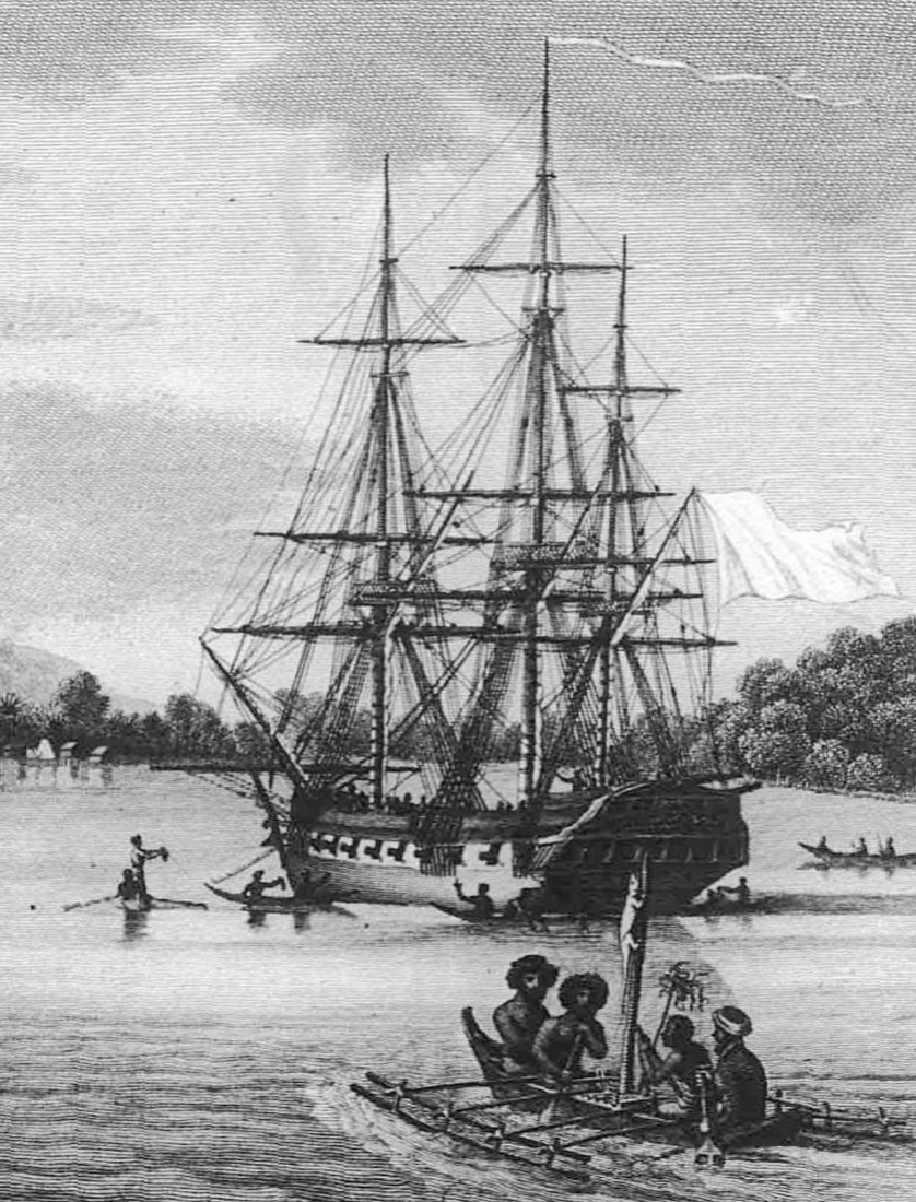 Gravure : la corvette l'Uranie au mouillage devant l'île de Rawak, pirogues et végétation tropicale
