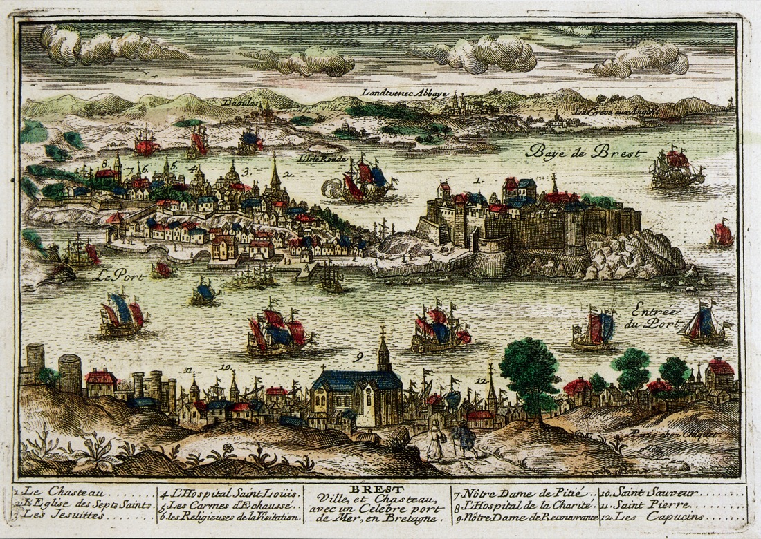 Vue cavalière de Brest au XVIIIe siècle : la ville, la rivière Penfeld, l'arsenal et, sur l'autre rive, le quartier de Recouvrance