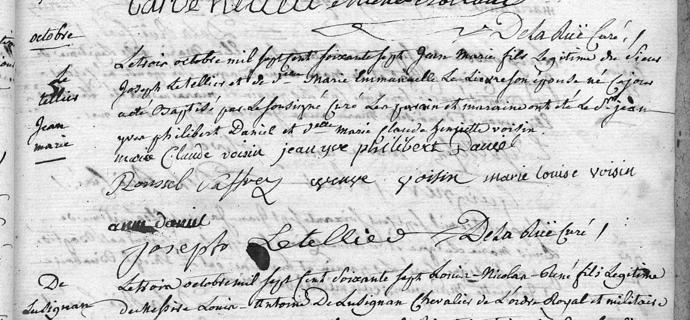 Acte manuscrit de baptême de 1767, avec en marge « Le Tellier Jean Marie » et plusieurs signatures, dont celle de Joseph Letellier