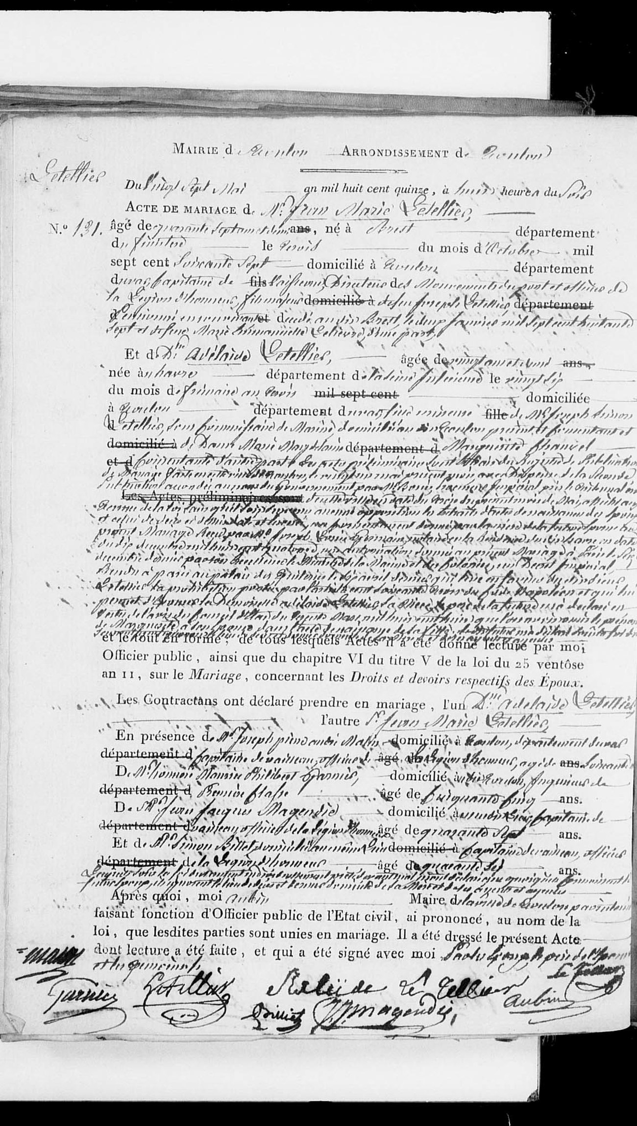 Acte de mariage imprimé et rempli à la main, Toulon 1815, avec en marge « Letellier » et au bas les signatures de Letellier, d'Adélaïde Le Tellier et de Magendie