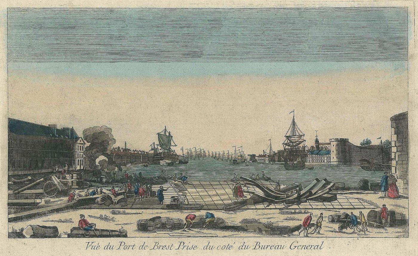 Gravure coloriée du port de Brest vers 1770 : des quais, des canons, des vaisseaux sur la Penfeld et des promeneurs