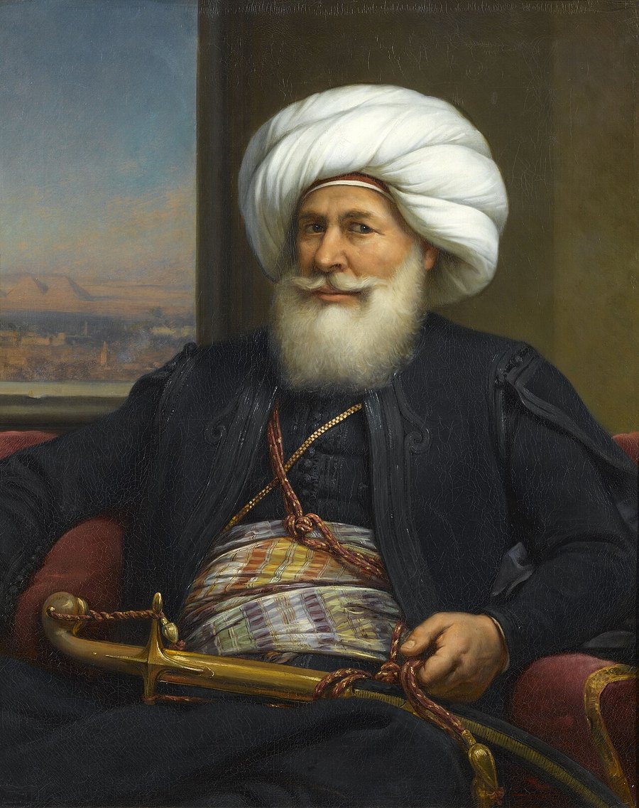 Portrait peint d'un vieil homme à la barbe blanche, coiffé d'un turban blanc, assis, un sabre sur les genoux
