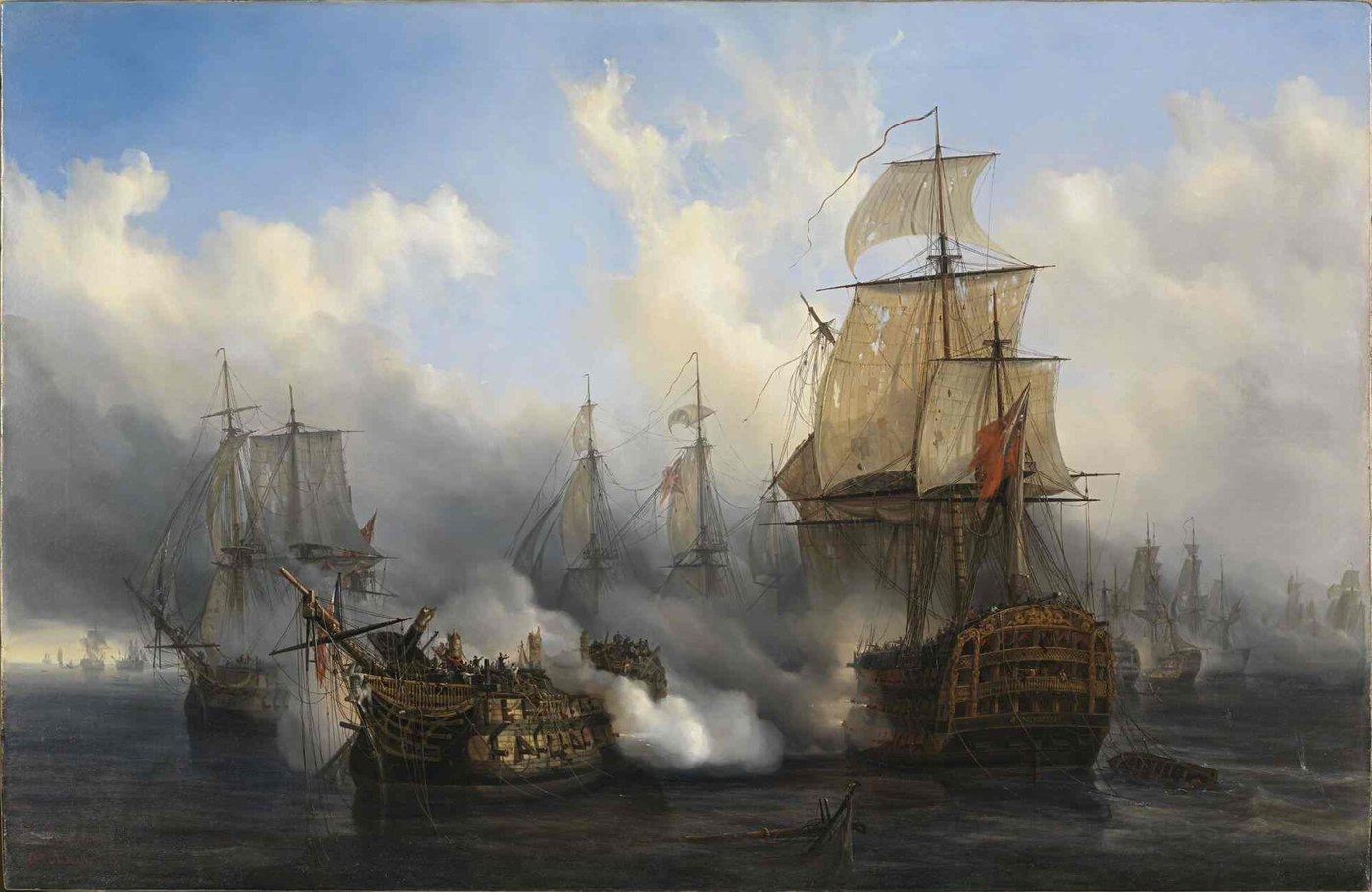 Tableau : un vaisseau démâté au milieu de la fumée, entouré de vaisseaux anglais, pendant une grande bataille navale