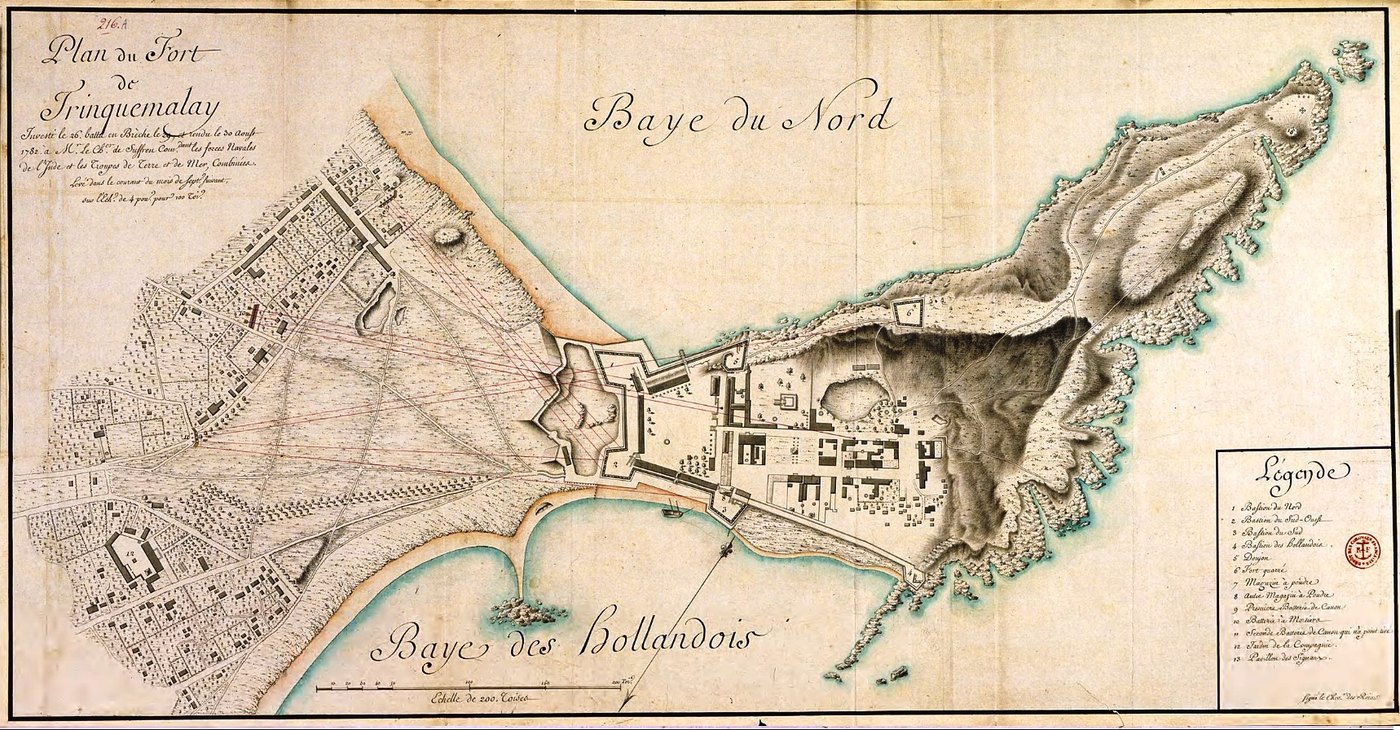 Plan colorié manuscrit du port de Trinquemalay, à Ceylan, avec la baie du Nord, la baie des Hollandais et le fort