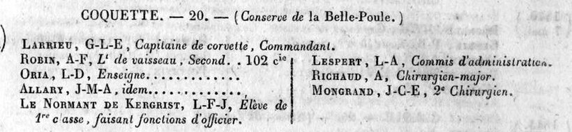 Liste imprimée de l'état-major de la corvette Coquette, conserve de la Belle-Poule, où figure Le Normant de Kergrist, élève de première classe