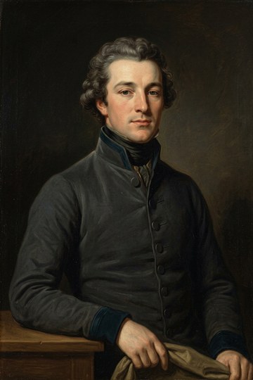 Portrait peint d'un jeune homme aux cheveux bouclés, en habit sombre à col montant et boutons, accoudé à une table