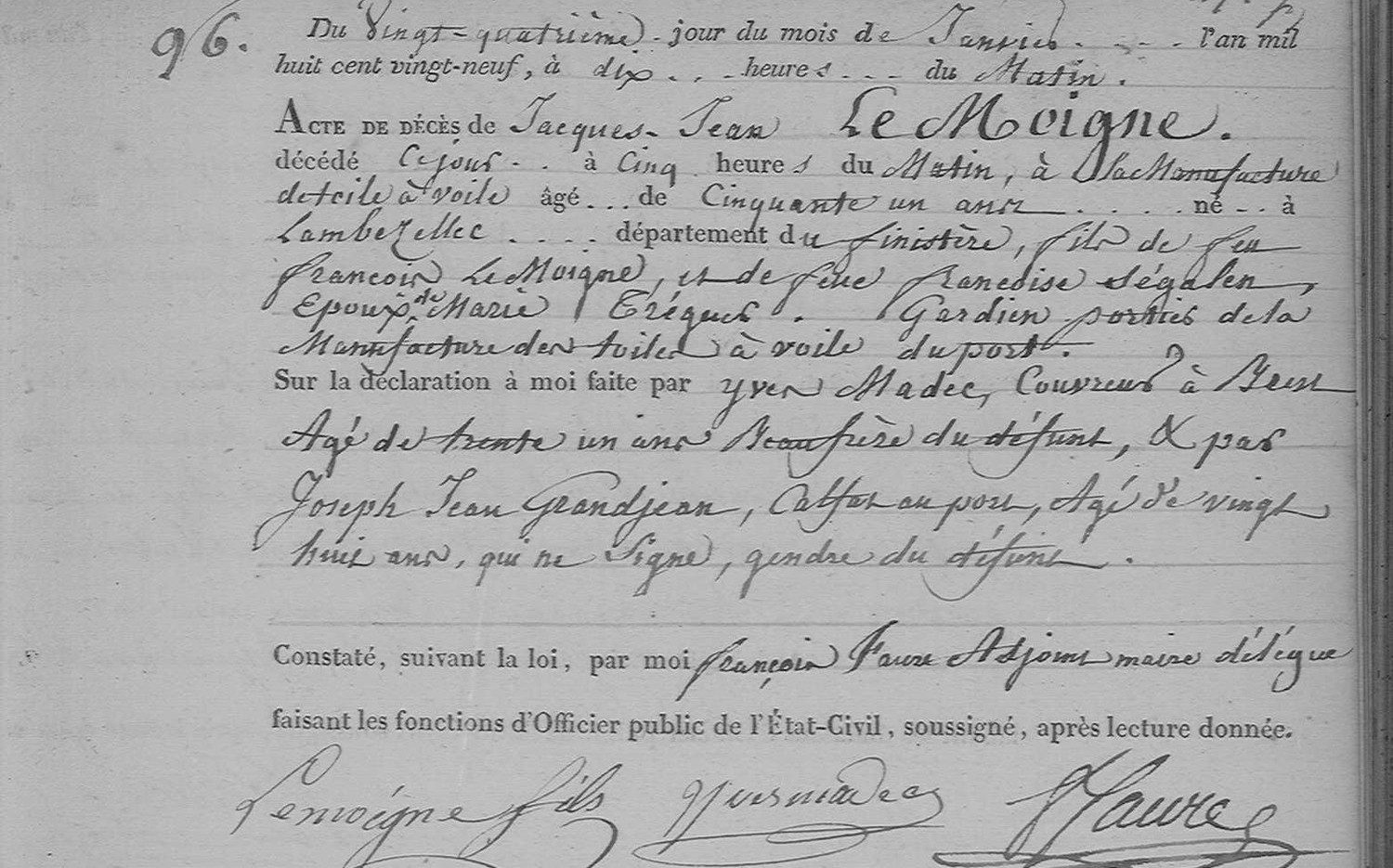 Acte de décès manuscrit sur formulaire imprimé, avec les signatures « Lemoigne fils » et Madec