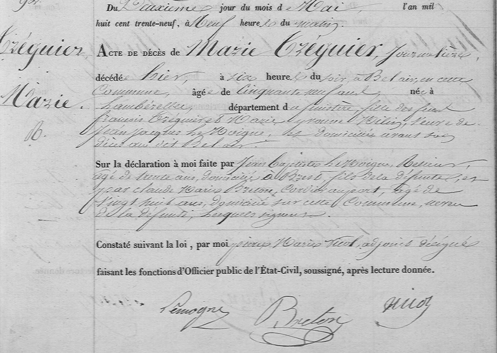 Acte de décès manuscrit sur formulaire imprimé, avec en marge « Tréguier Marie » et au bas les signatures Lemogne et Breton