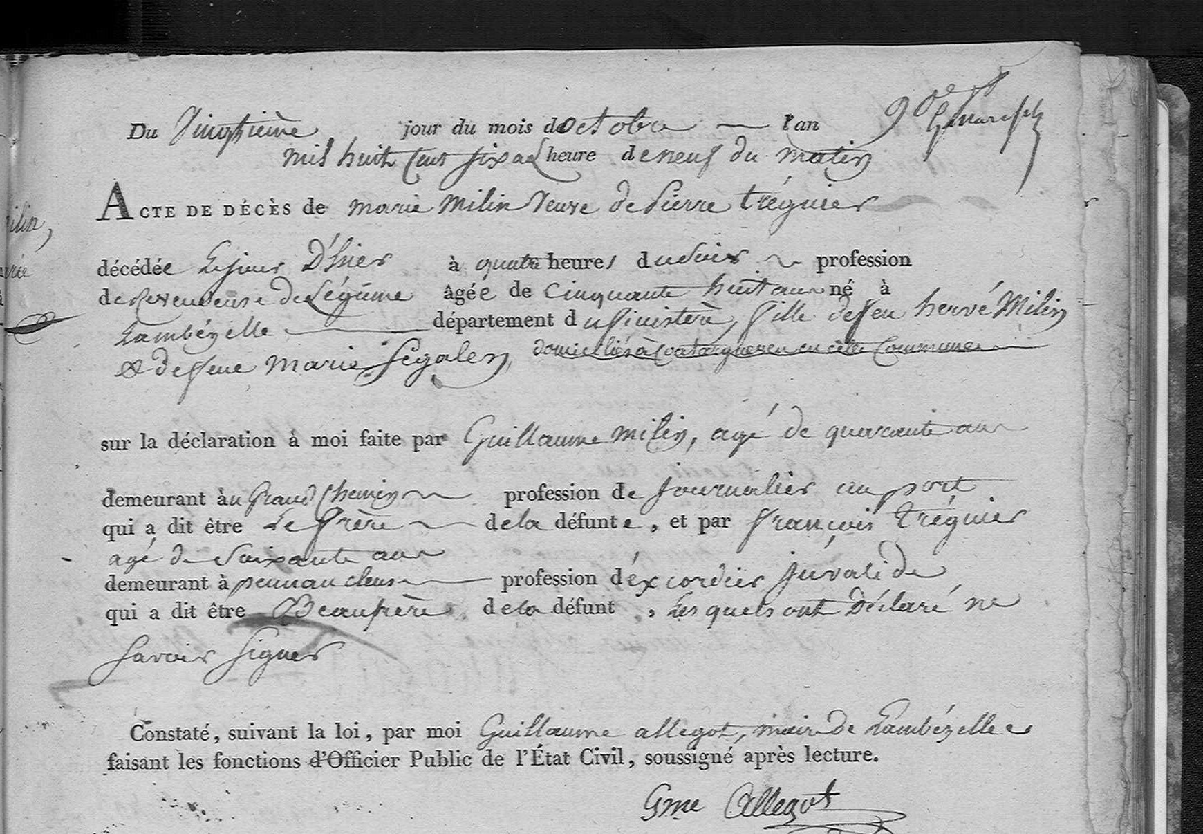 Acte manuscrit sur formulaire imprimé, avec en marge le nom Milin