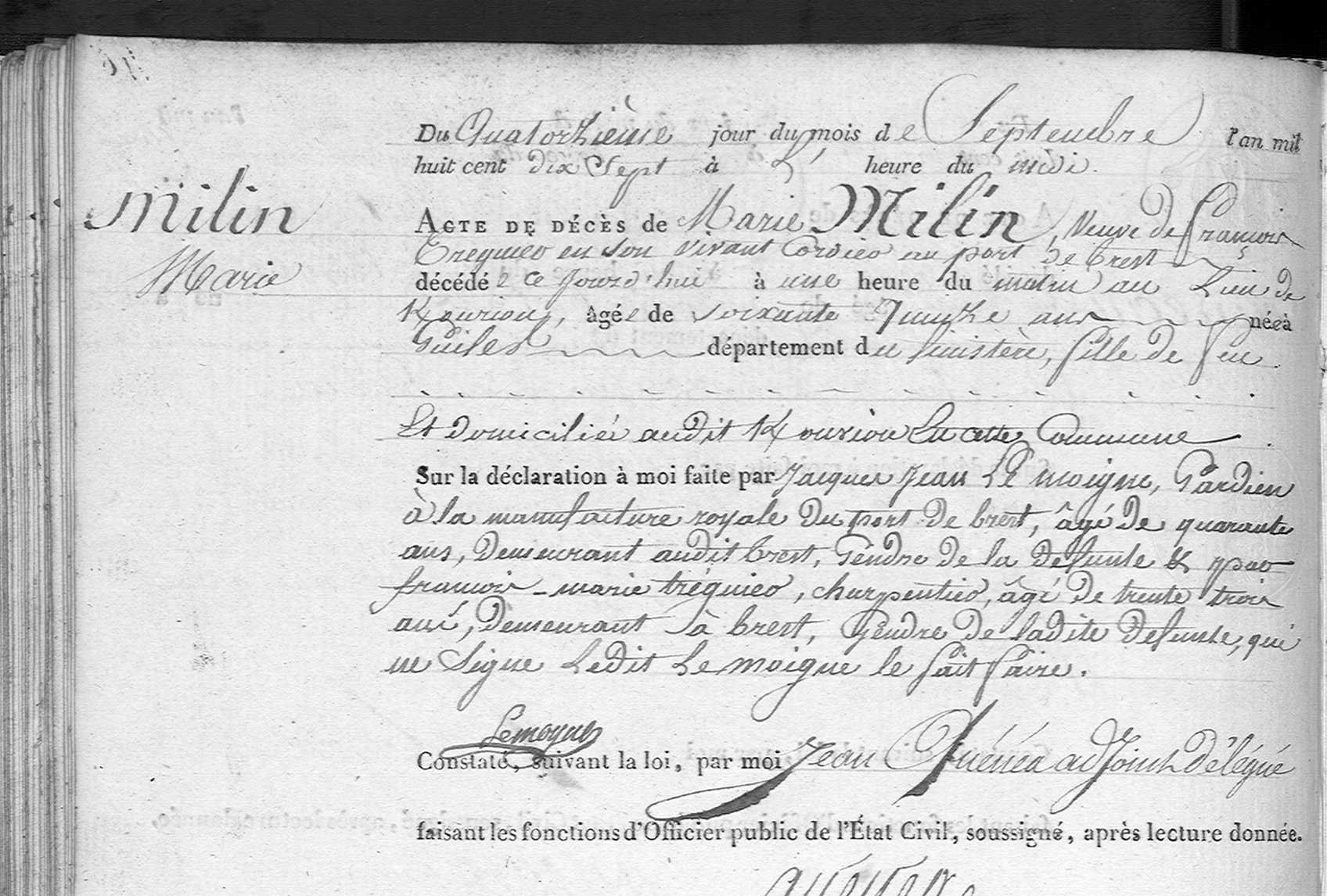 Acte manuscrit sur formulaire imprimé, en marge « Milin Marie », avec la signature « Lemogne »