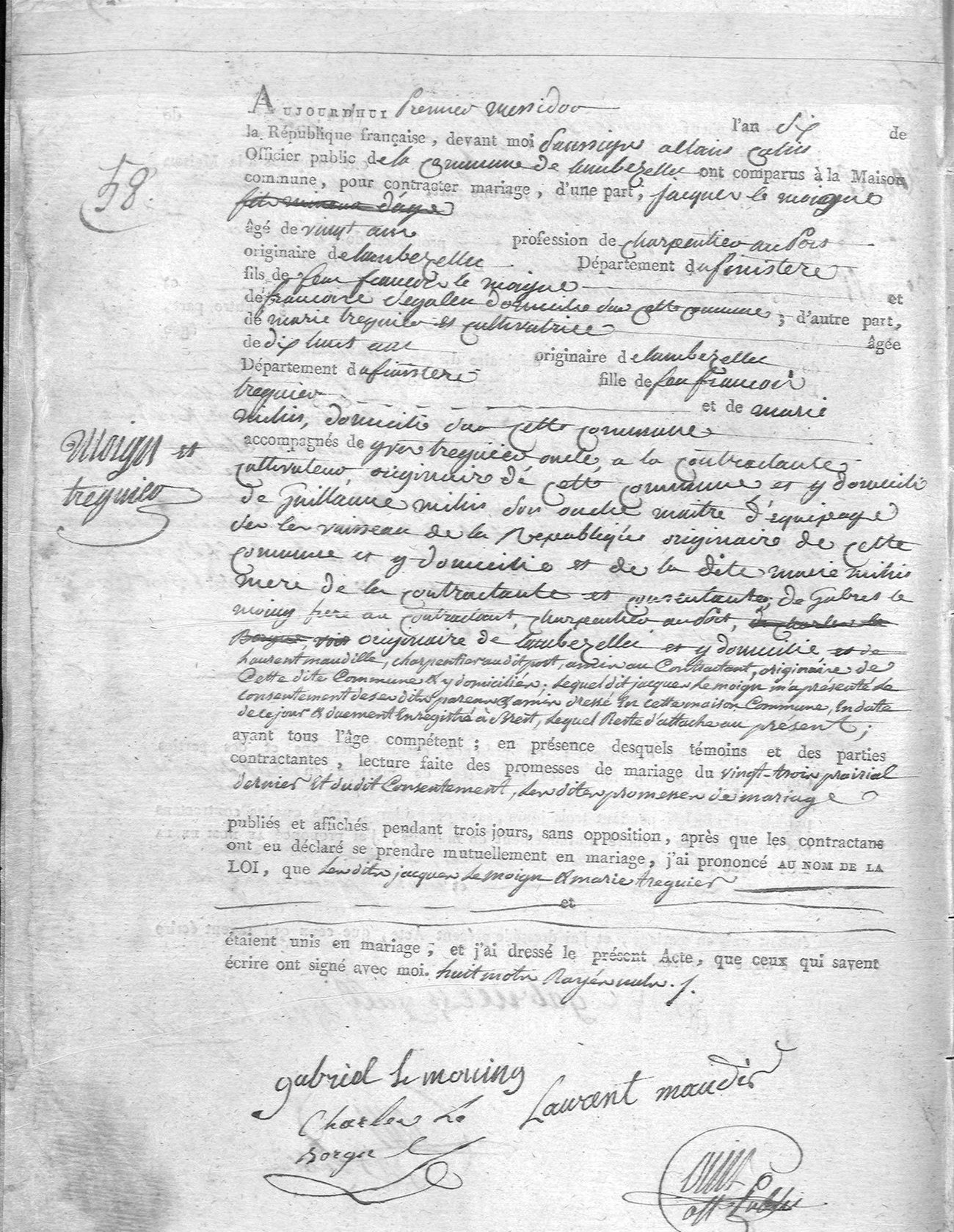 Formulaire imprimé de la République rempli à la main, avec au bas plusieurs signatures