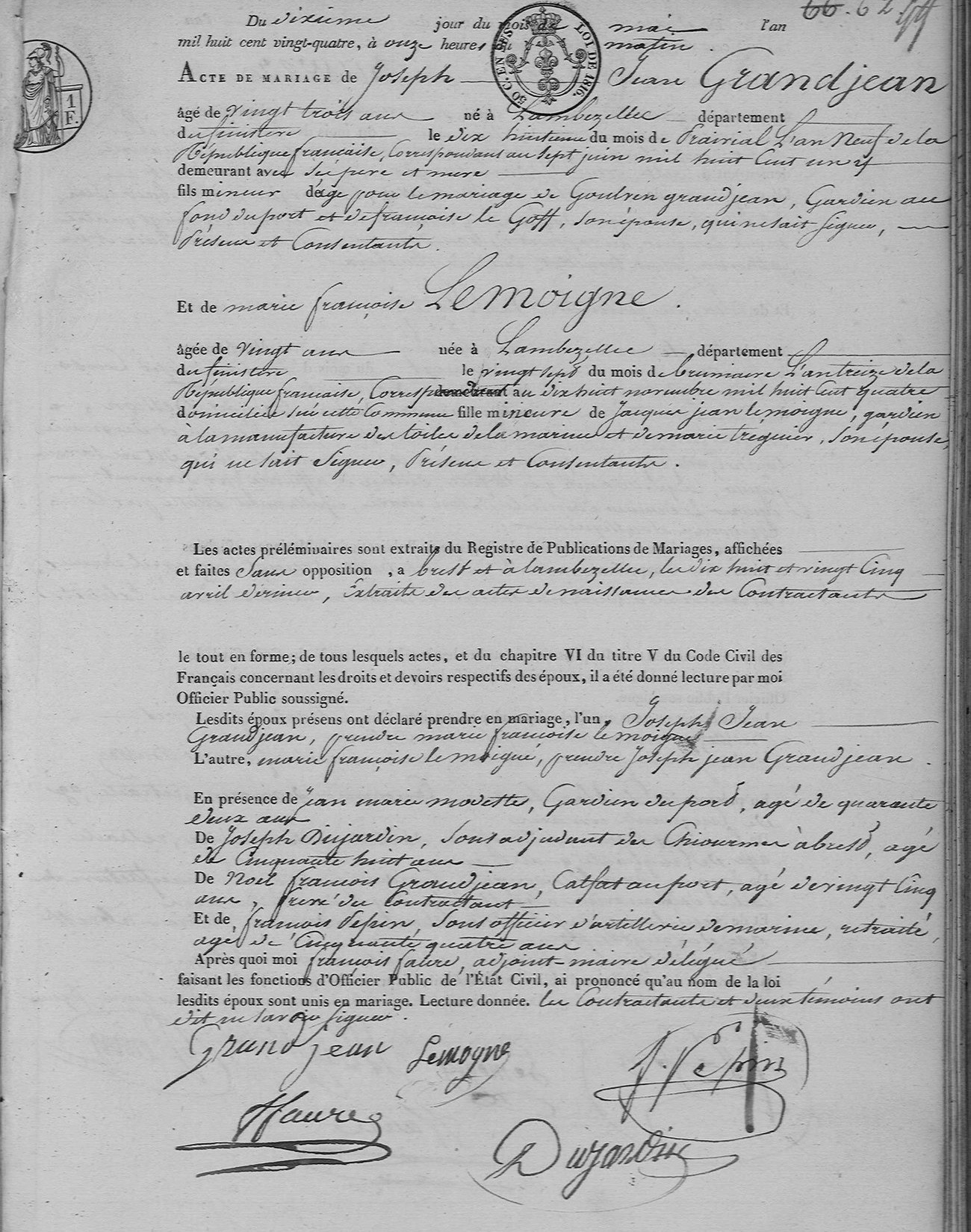 Page d'un registre de mariages de Brest, avec au bas plusieurs signatures