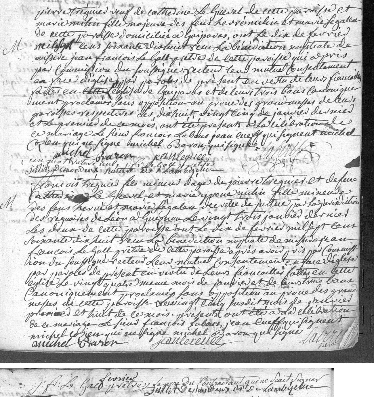 Page manuscrite portant deux actes de mariage à la suite, avec en marge la lettre M