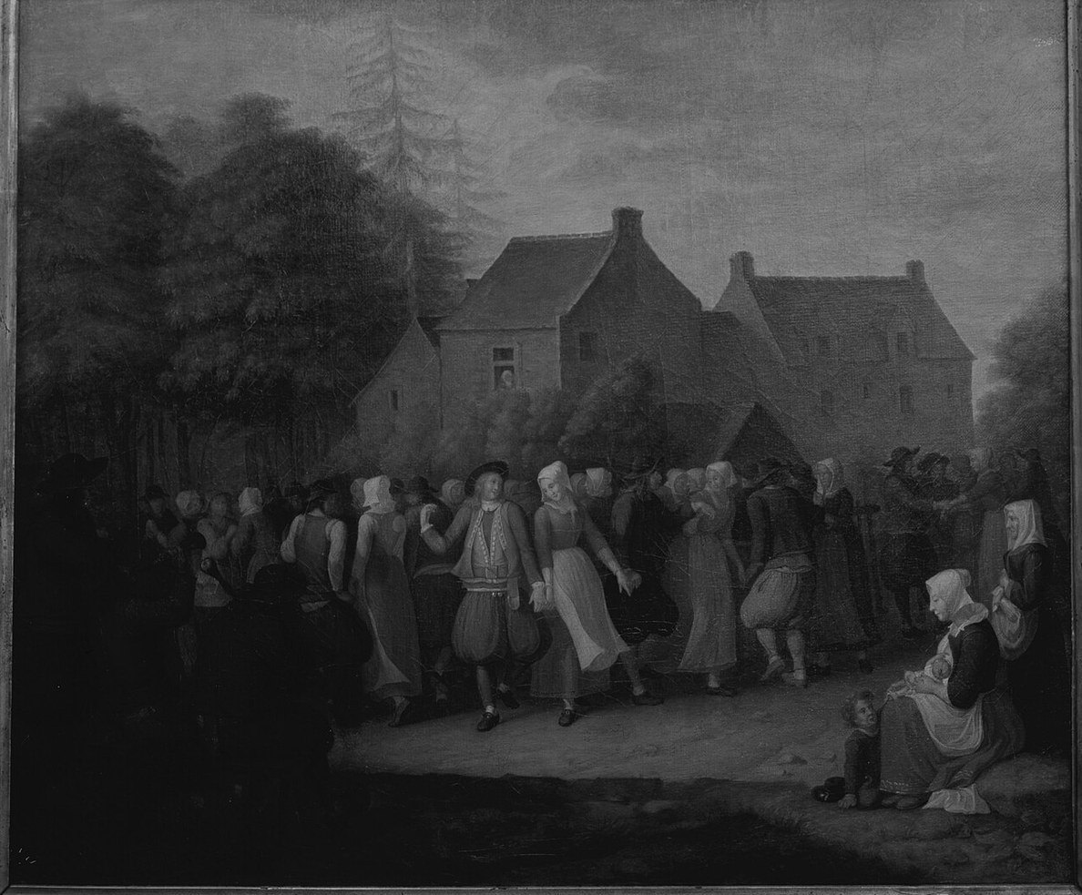 Peinture en noir et blanc : une ronde de paysans bretons en costume dansant devant un manoir, des femmes en coiffe assises au premier plan