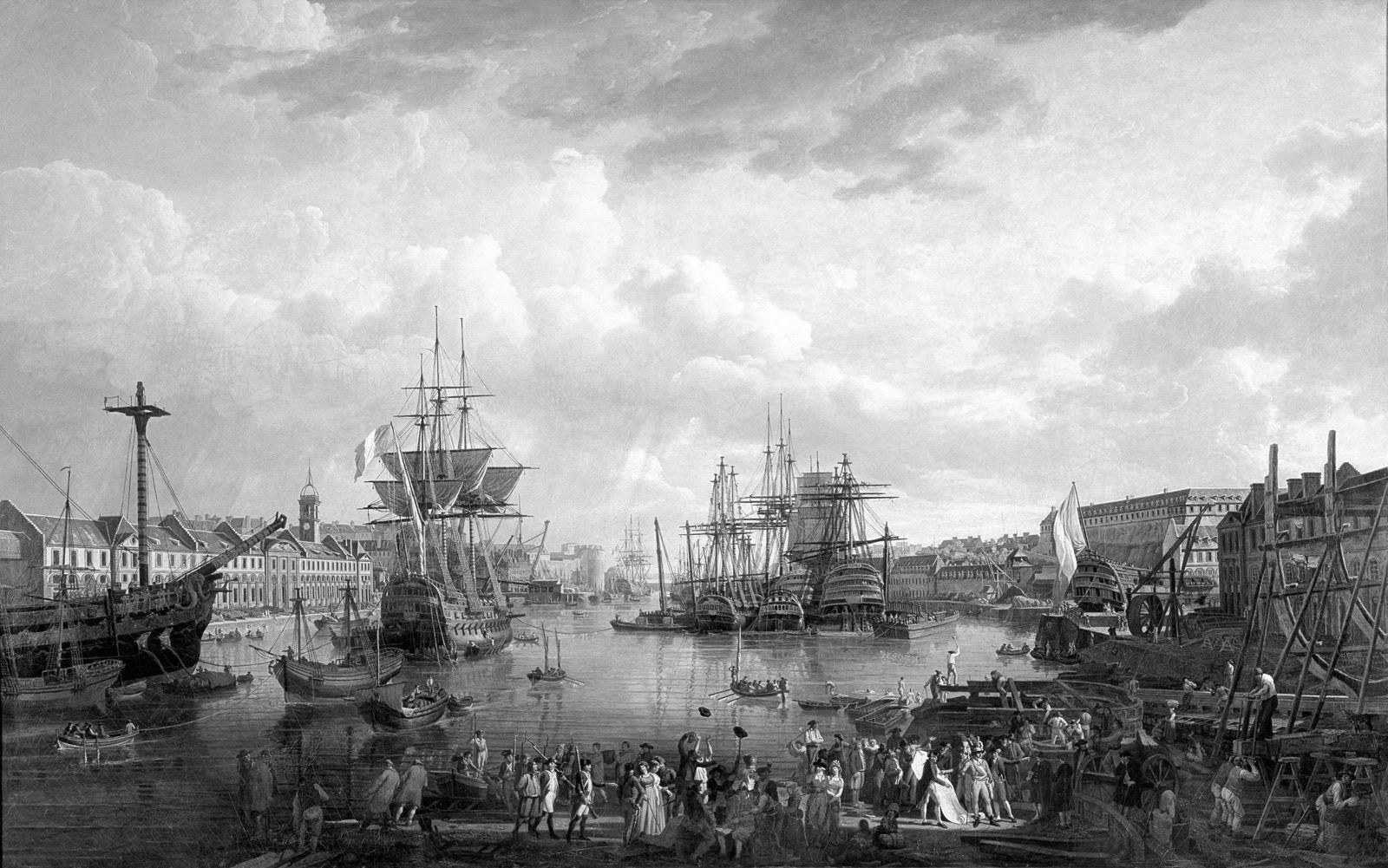 Peinture en noir et blanc : le port de Brest, des vaisseaux sur la Penfeld et une foule au premier plan