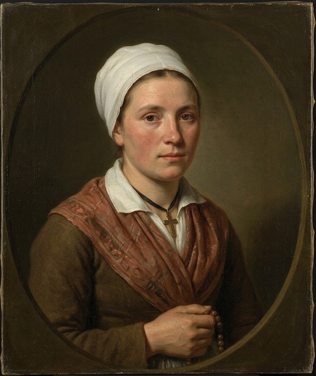 Tableau ancien dans un ovale peint : une jeune paysanne bretonne en coiffe de lin blanc, corsage brun et fichu rouge passé, une croix de laiton sur un ruban noir, un chapelet de bois dans les mains