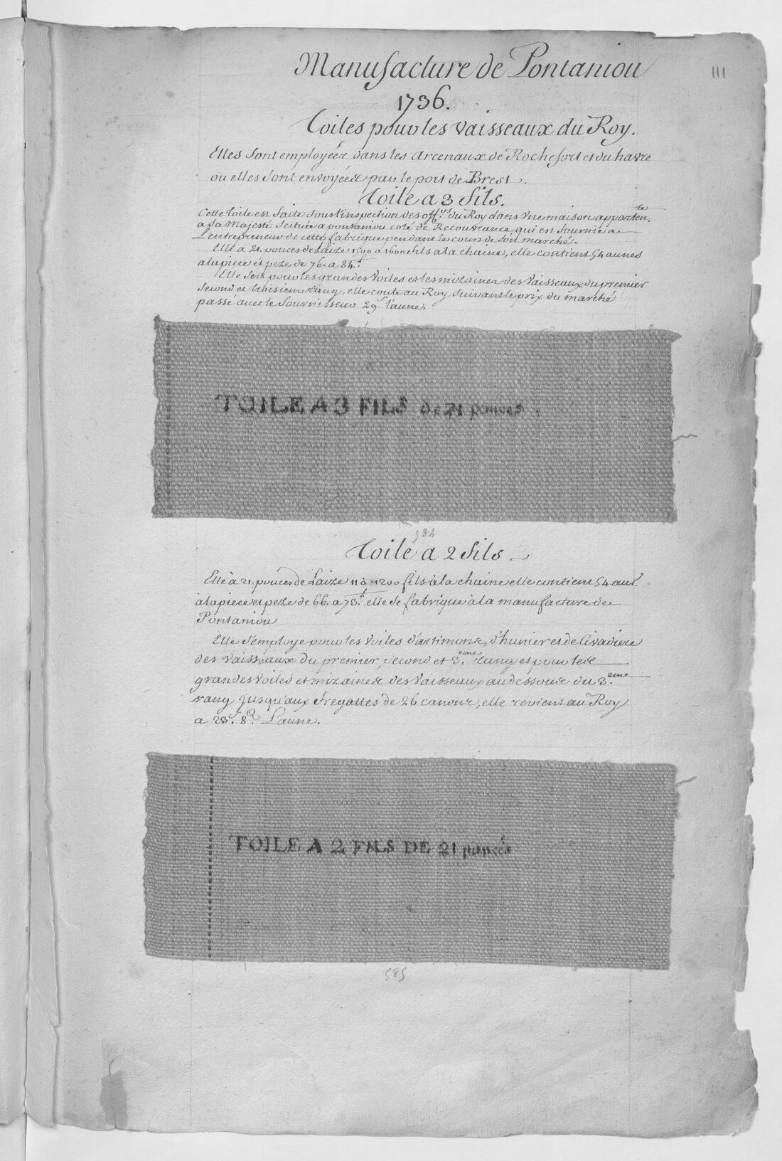 Page manuscrite ancienne titrée « Manufacture de Pontaniou, 1736, Toiles pour les vaisseaux du Roy », avec deux échantillons de toile collés