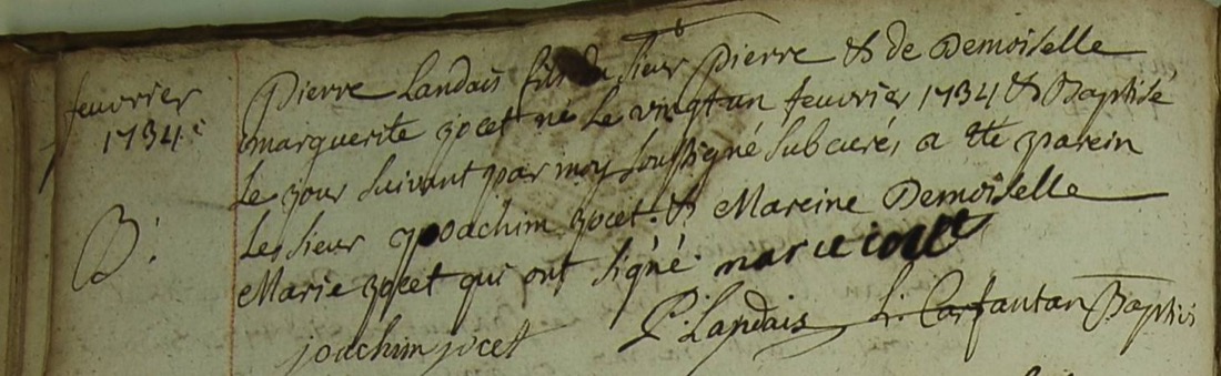 Acte manuscrit d'un registre paroissial, à l'encre brune, avec en marge « février 1734 » et « B », suivi de quatre signatures