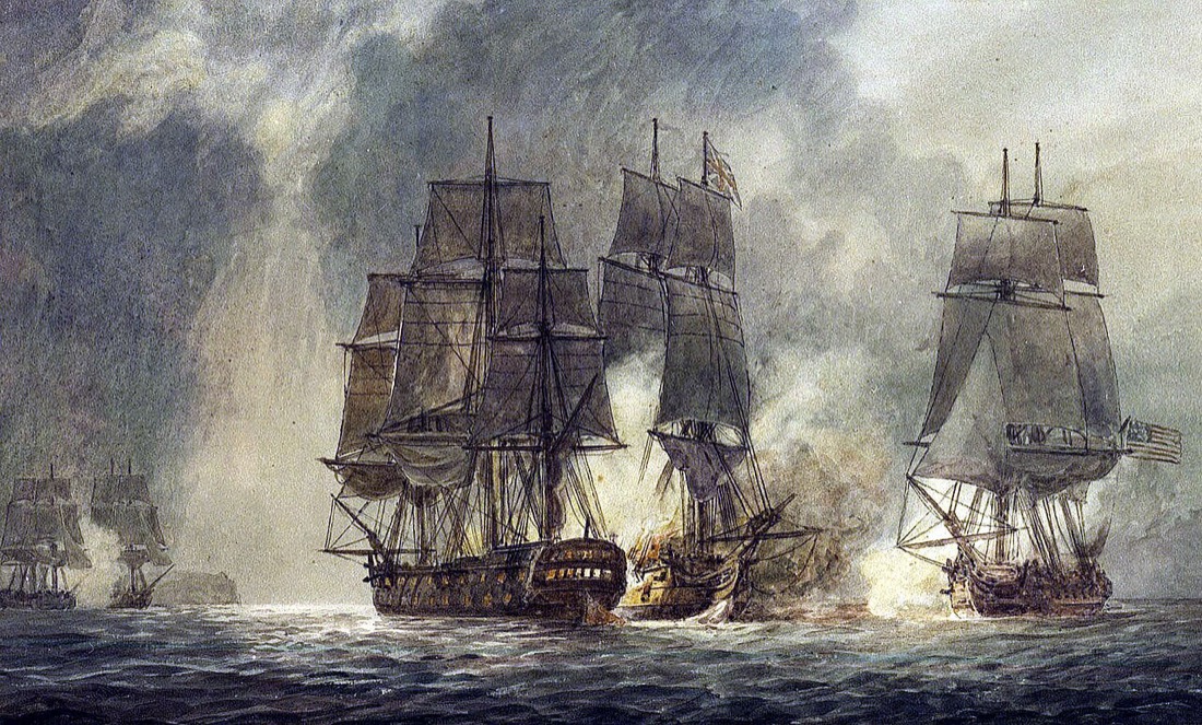 Tableau : trois navires sous voiles dans la fumée du combat, deux d'entre eux accrochés l'un à l'autre, le troisième tirant à distance