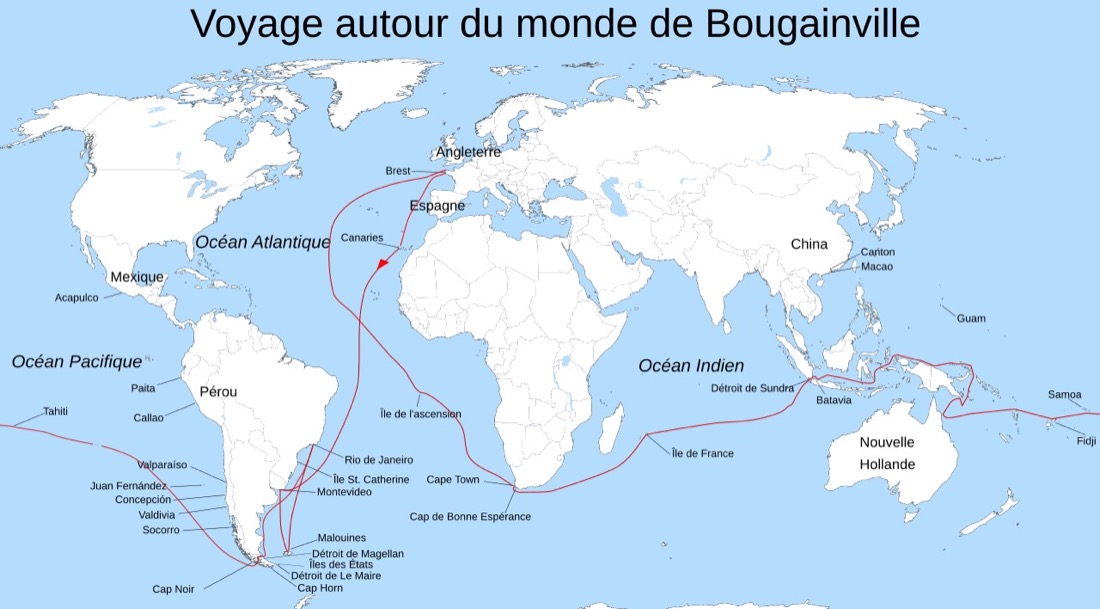 Carte du monde : la route de l'expédition de Bougainville en rouge, de la France au détroit de Magellan, à Tahiti, Batavia, l'île de France et retour