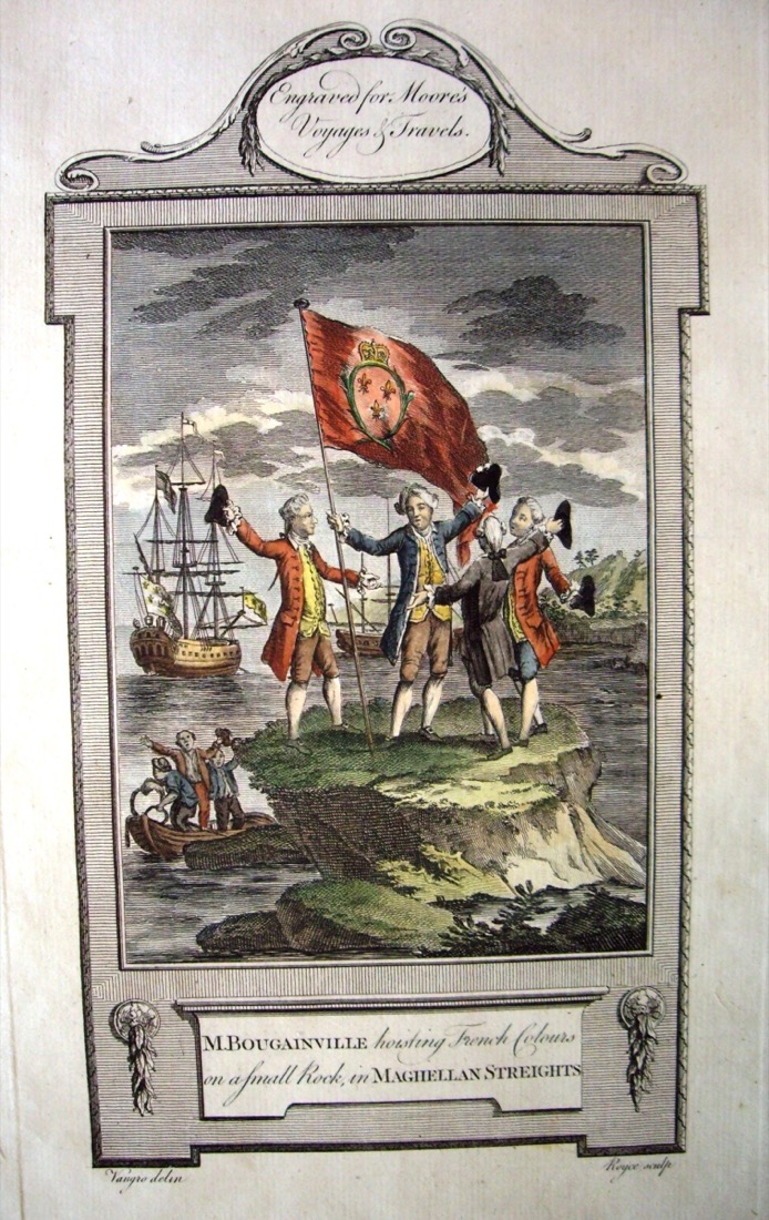 Gravure dans un cadre orné : un officier en habit plante un grand pavillon blanc sur un rocher, entouré de marins, devant un paysage de montagnes