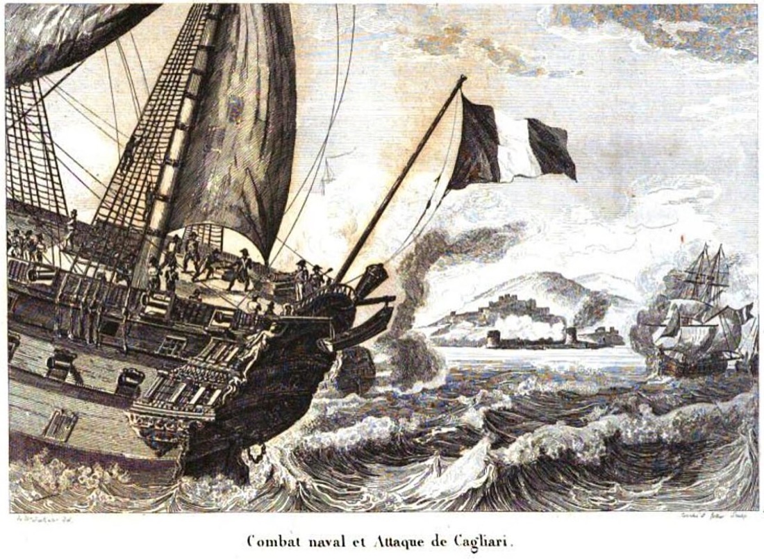 Gravure : un grand vaisseau à trois ponts battant pavillon tricolore tire sur une ville fortifiée au bord de la mer, dans la fumée