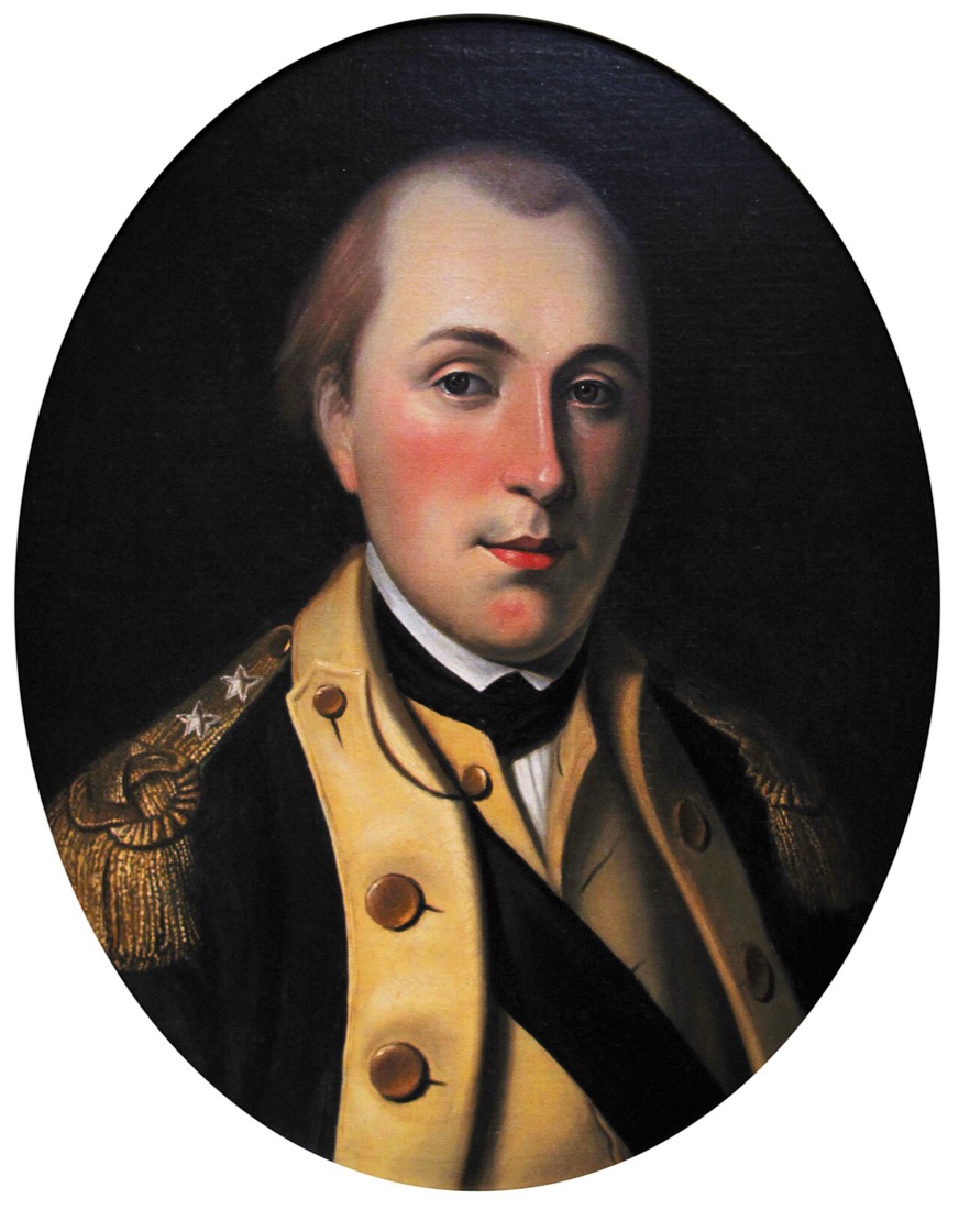 Portrait peint dans un ovale : un jeune homme aux cheveux poudrés, en uniforme bleu à revers chamois et épaulettes dorées