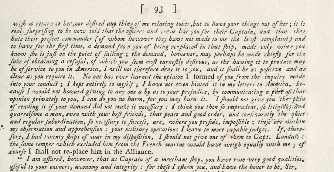 Page imprimée en anglais, en italique : une lettre signée B. Franklin, où l'on lit « If, therefore, I had twenty ships of war in my disposition, I should not give one of them to Capt. Landais »