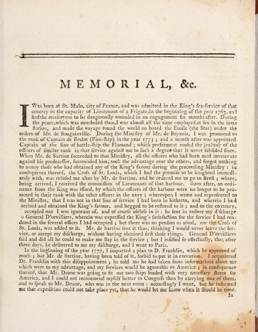 Page imprimée en anglais, titrée « Memorial, &c. », commençant par une grande lettrine : « I was born at St. Malo, city of France »
