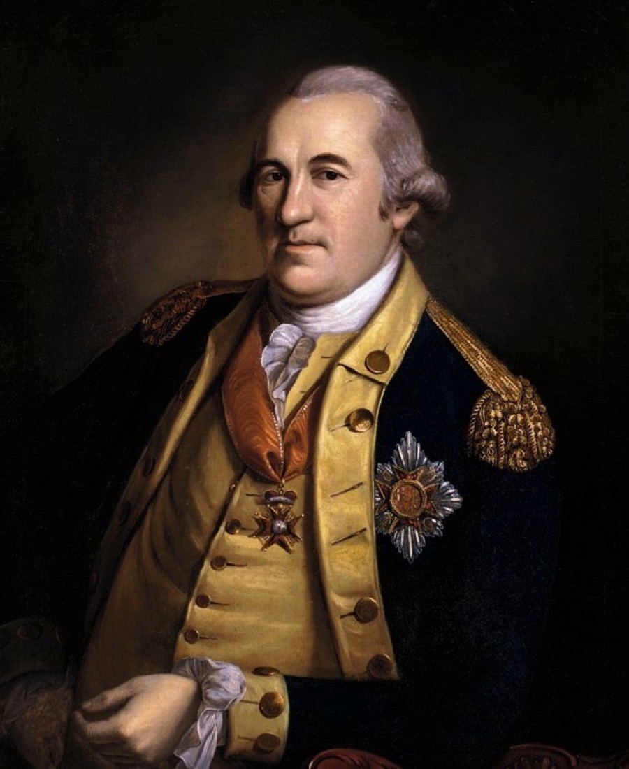Portrait peint : un homme corpulent aux cheveux poudrés, en uniforme bleu à revers chamois et épaulettes dorées, une étoile d'ordre sur la poitrine