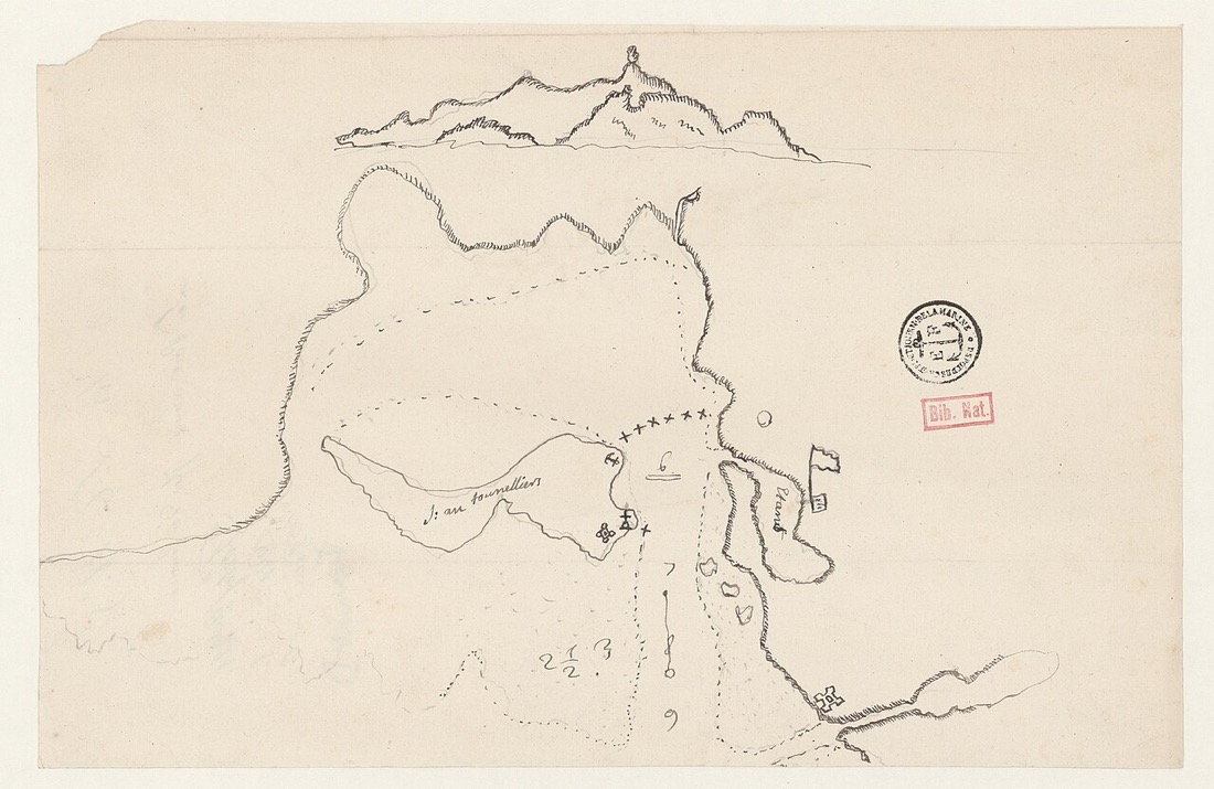Croquis à la plume d'un port : le profil des montagnes, le trait de côte, l'île aux Tonneliers, les sondes et le chenal d'entrée