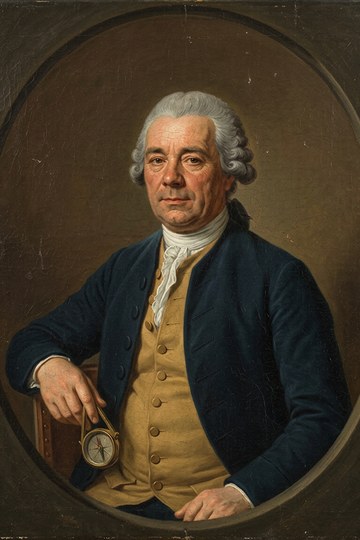 Portrait peint dans un ovale : un homme d'une cinquantaine d'années en perruque poudrée, habit bleu marine et veste chamois, une boussole à la main