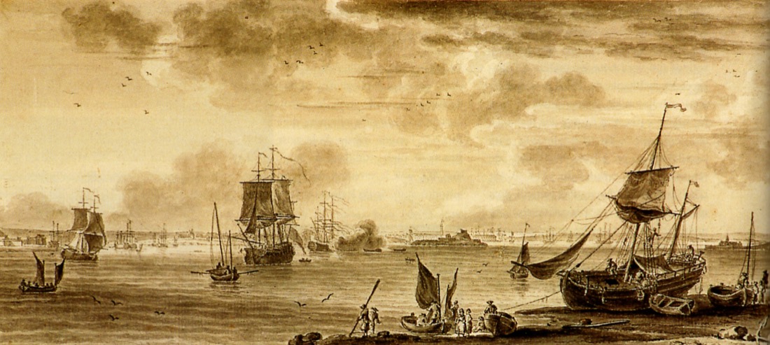 Lavis en sépia : la rade de Lorient vue de la citadelle de Port-Louis, grands vaisseaux sous voiles, fumée d'un salut au canon, barques et pêcheurs sur la grève
