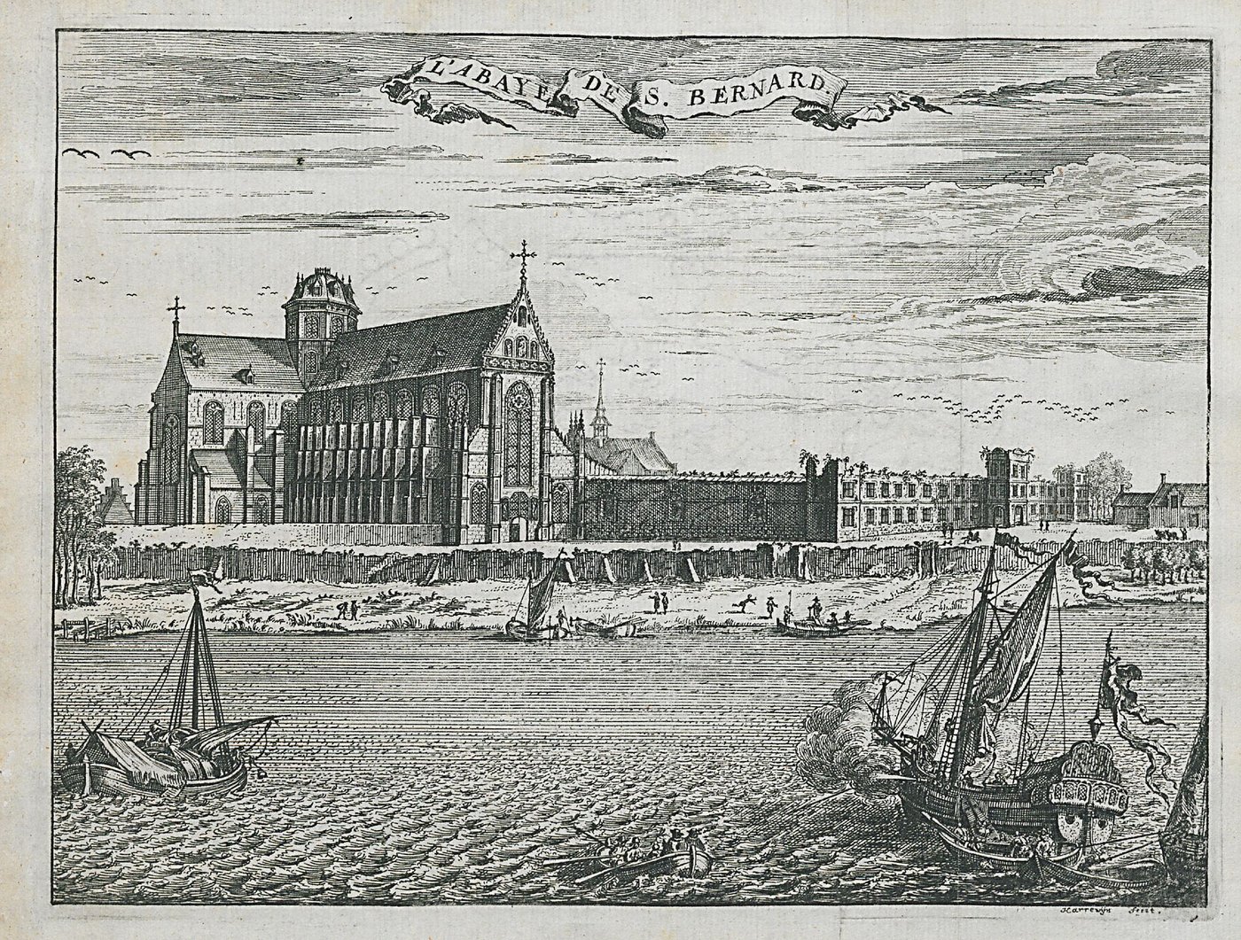 Gravure ancienne : une grande abbaye au bord d'un large fleuve, avec son église gothique, ses bâtiments et des bateaux à voile