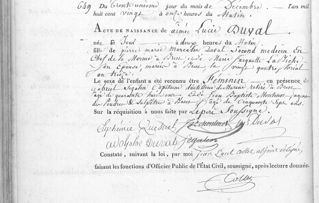 Acte manuscrit de naissance de 1820, numéro 649, avec plusieurs signatures