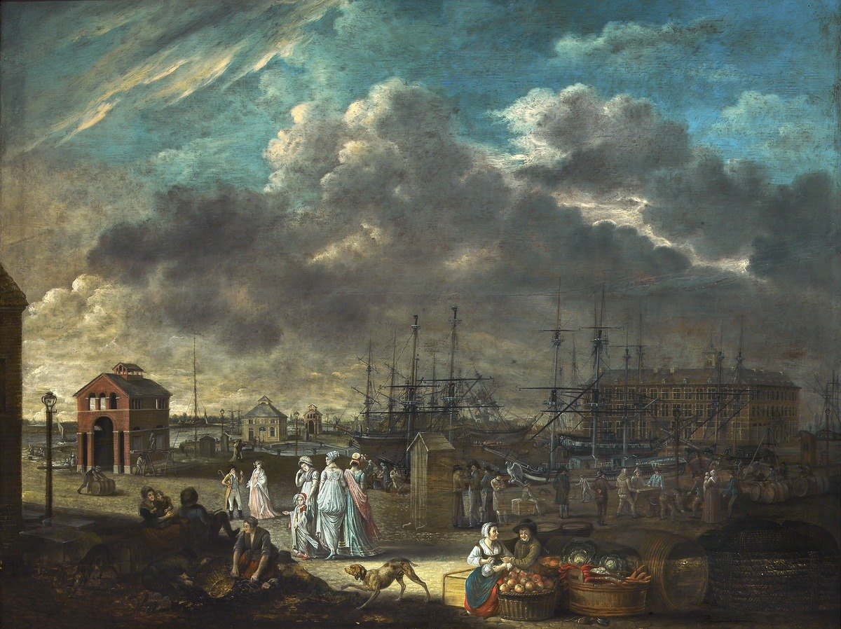 Tableau : un bassin portuaire avec de grands vaisseaux en construction, des entrepôts, des promeneurs et des marchandes au premier plan