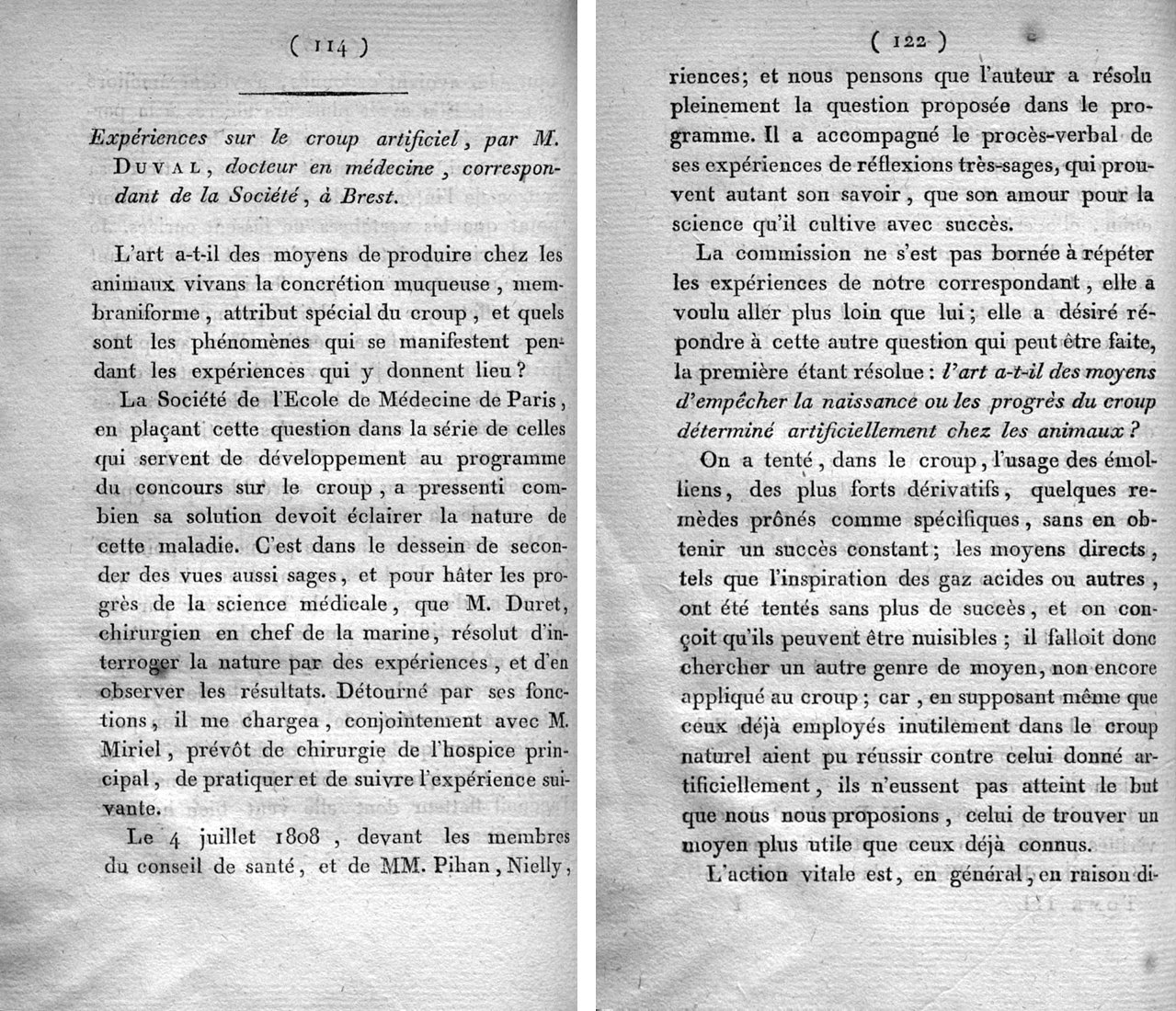 Deux pages imprimées de 1809 : le titre « Expériences sur le croup artificiel, par M. Duval, docteur en médecine », et la conclusion de la commission
