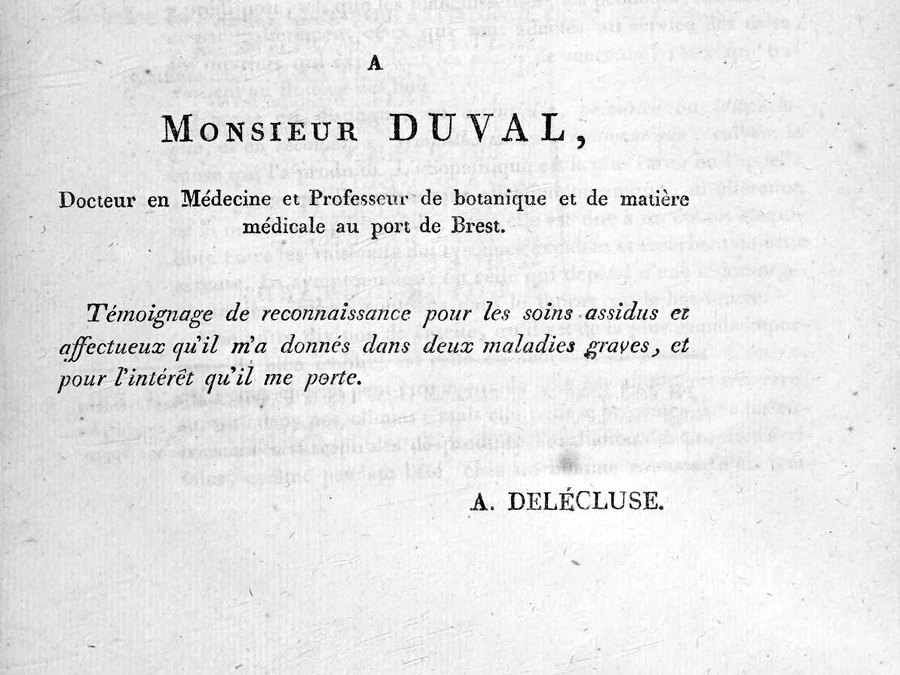 Page imprimée de 1816 : une dédicace « À Monsieur Duval, docteur en médecine et professeur de botanique et de matière médicale au port de Brest »