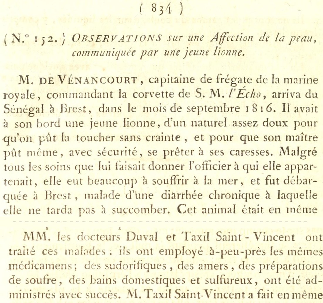 Extrait imprimé de 1817 : le titre « Observations sur une affection de la peau, communiquée par une jeune lionne », puis le paragraphe « MM. les docteurs Duval et Taxil Saint-Vincent ont traité ces malades »