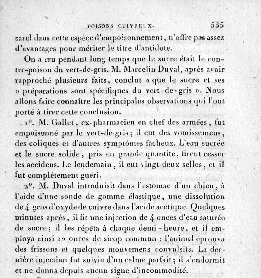 Page imprimée d'un traité des poisons : le paragraphe sur le sucre contre le vert-de-gris, qui cite M. Marcelin Duval