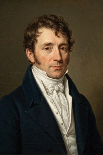 Portrait peint d'un homme d'une quarantaine d'années aux cheveux bruns bouclés et courts favoris, habit bleu sombre à haut col, gilet blanc et haute cravate blanche