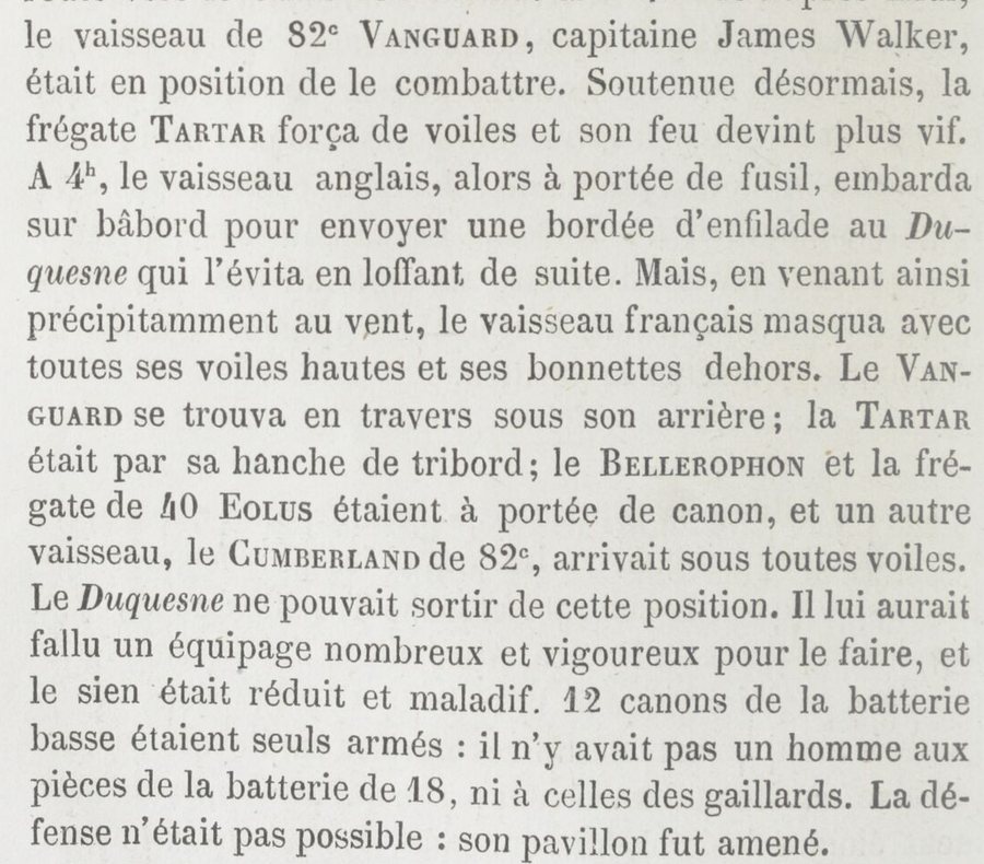 Extrait imprimé : récit de la chasse du Duquesne par le Vanguard, la Tartar et le Bellerophon, jusqu'à ce que son pavillon soit amené