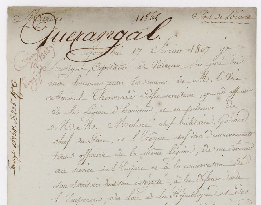 Document manuscrit signé Querangal : serment de légionnaire prêté au port de Lorient le 17 février 1807 devant le vice-amiral Thévenard
